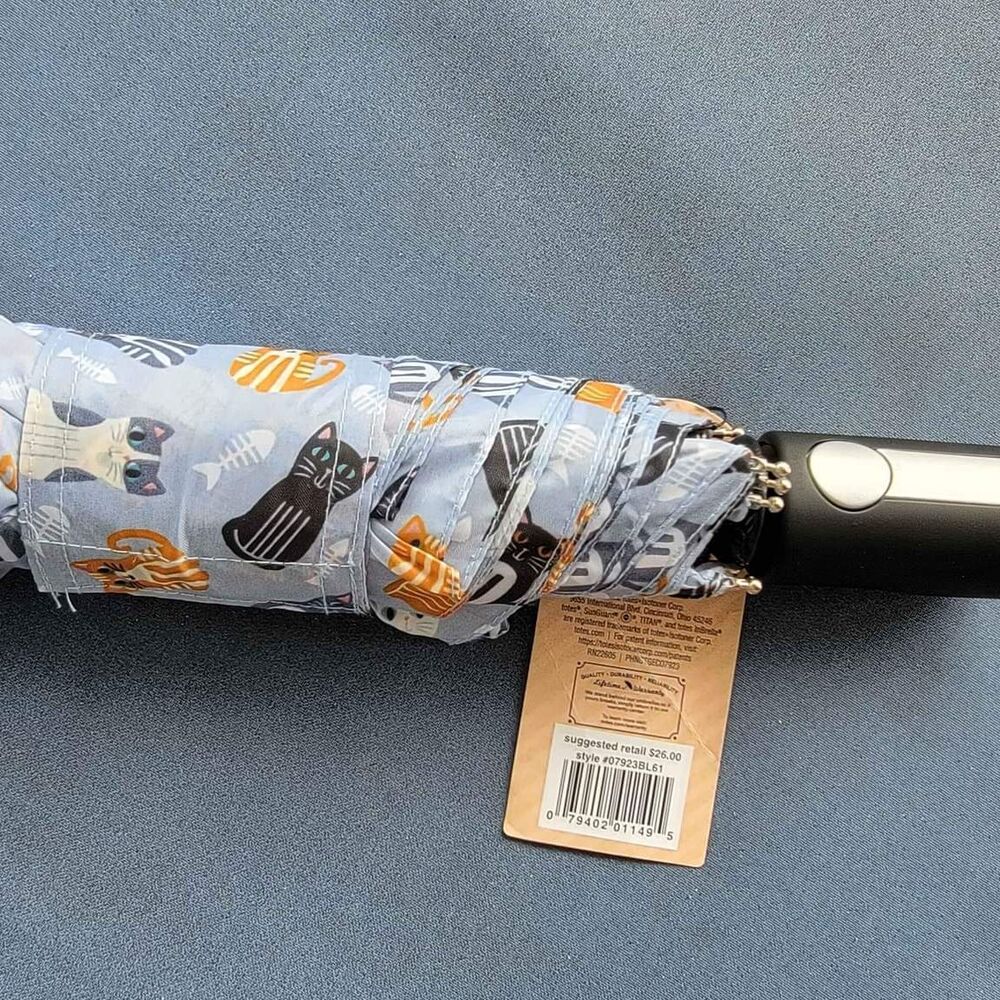 TOTES Automatic Compact Umbrella Recycled Fabric Cat Pattern- New w Tags - Picture 6 of 6